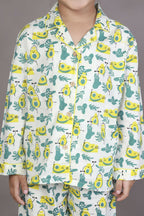 Breathables Kids Cotton Night Suit – White Avocado Print Shirt & Pyjama Co-Ord Set For Boys & Girls | Grocsy