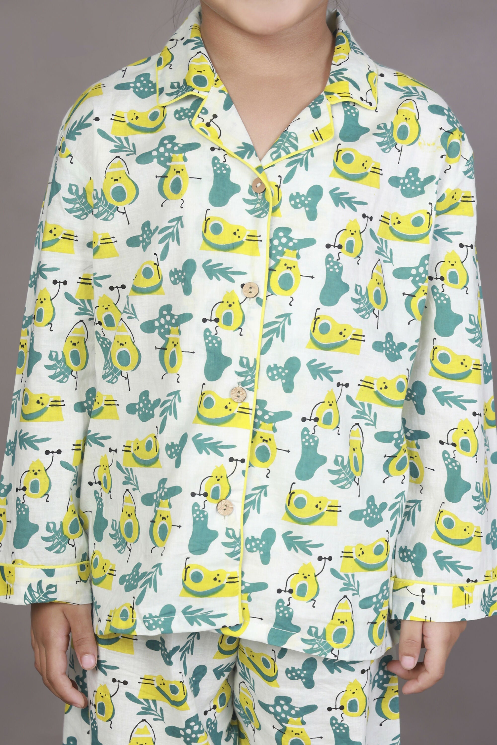 Breathables Kids Cotton Night Suit – White Avocado Print Shirt & Pyjama Co-Ord Set For Boys & Girls | Grocsy