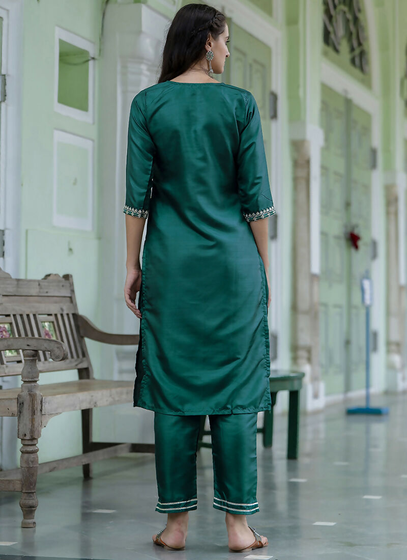 Vellora Green Silk Blend Casual Salwar Suit with Intricate Embroidery | Grocsy