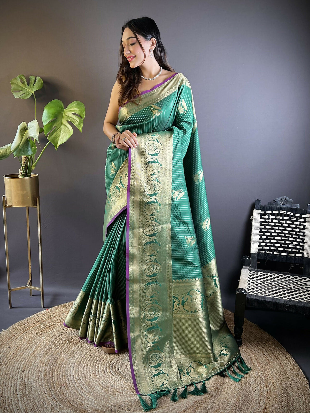 Joban Fashion Green Striped With Floral Motifs Soft Silk Leheriya Saree | Grocsy
