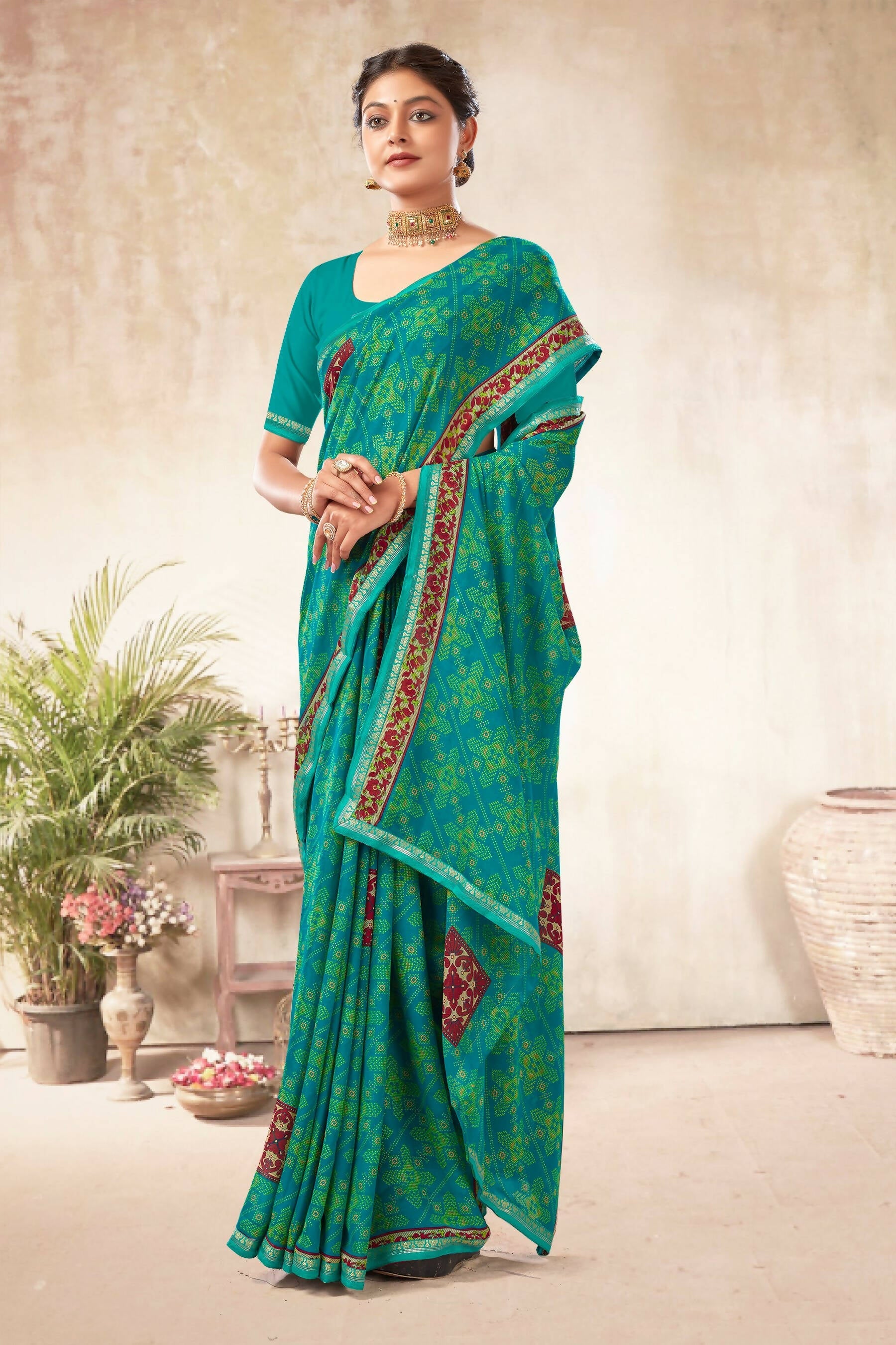Sea Green Georgette Bandhni Printed Saree With Unstitched Blouse Piece - Shanaya | Grocsy