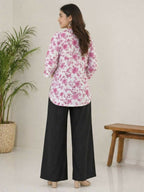 Teeya Creation Women White & Mauve Lotus Floral Printed Cotton Kurti with Black Palazzo Set | Grocsy