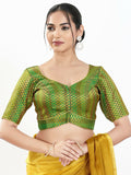 Joban Fashion Green Brocade Padded Blouse With Sweetheart Neck Elbow Sleeves | Grocsy