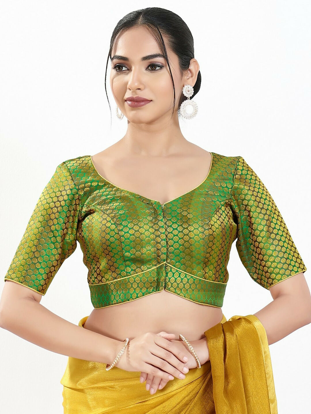 Joban Fashion Green Brocade Padded Blouse With Sweetheart Neck Elbow Sleeves | Grocsy