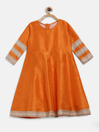 Ahalyaa Orange Poly Silk Anarkali Kids Kurta With Dupatta Set For Girls | Grocsy