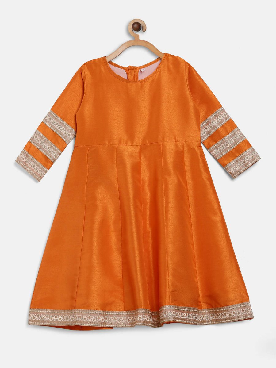 Ahalyaa Orange Poly Silk Anarkali Kids Kurta With Dupatta Set For Girls | Grocsy