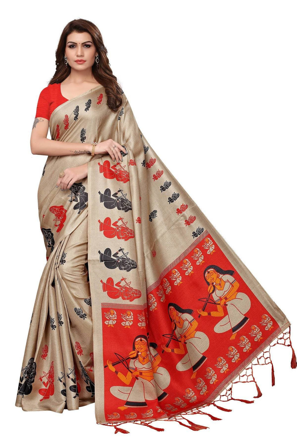 Vamika Chiku & Red Kalamkari With Jhalar Khadi Silk Saree | Grocsy