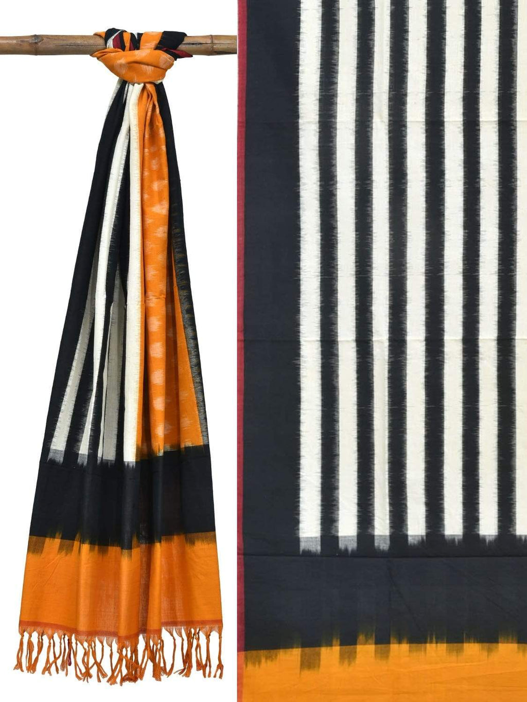 Orange and Black Pochampally Ikat Cotton Handloom Dupatta with Strips and Buta Design - Global Threads | Grocsy