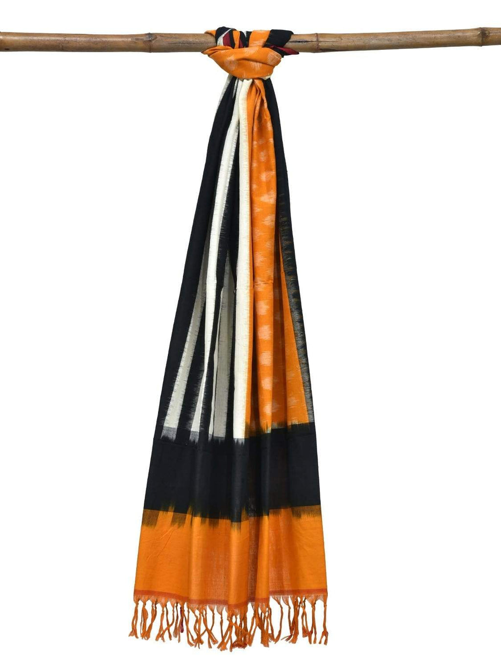 Orange and Black Pochampally Ikat Cotton Handloom Dupatta with Strips and Buta Design - Global Threads | Grocsy