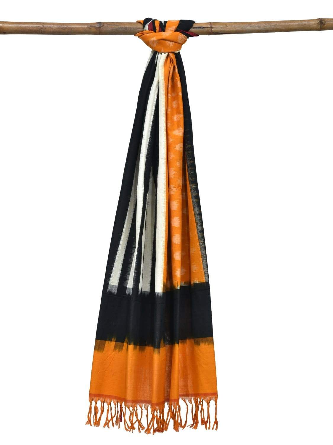 Orange and Black Pochampally Ikat Cotton Handloom Dupatta with Strips and Buta Design - Global Threads | Grocsy