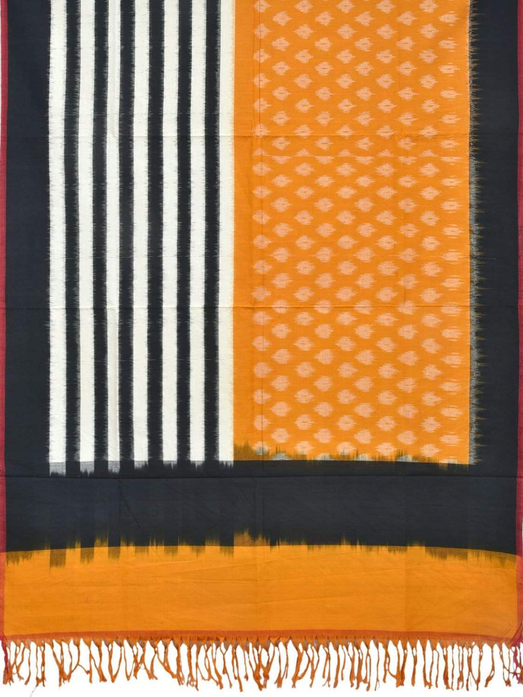 Orange and Black Pochampally Ikat Cotton Handloom Dupatta with Strips and Buta Design - Global Threads | Grocsy