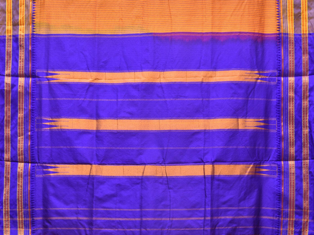 Orange and Blue Narayanpet Silk Handloom Saree with Checks Design No Blouse - Global Threads | Grocsy