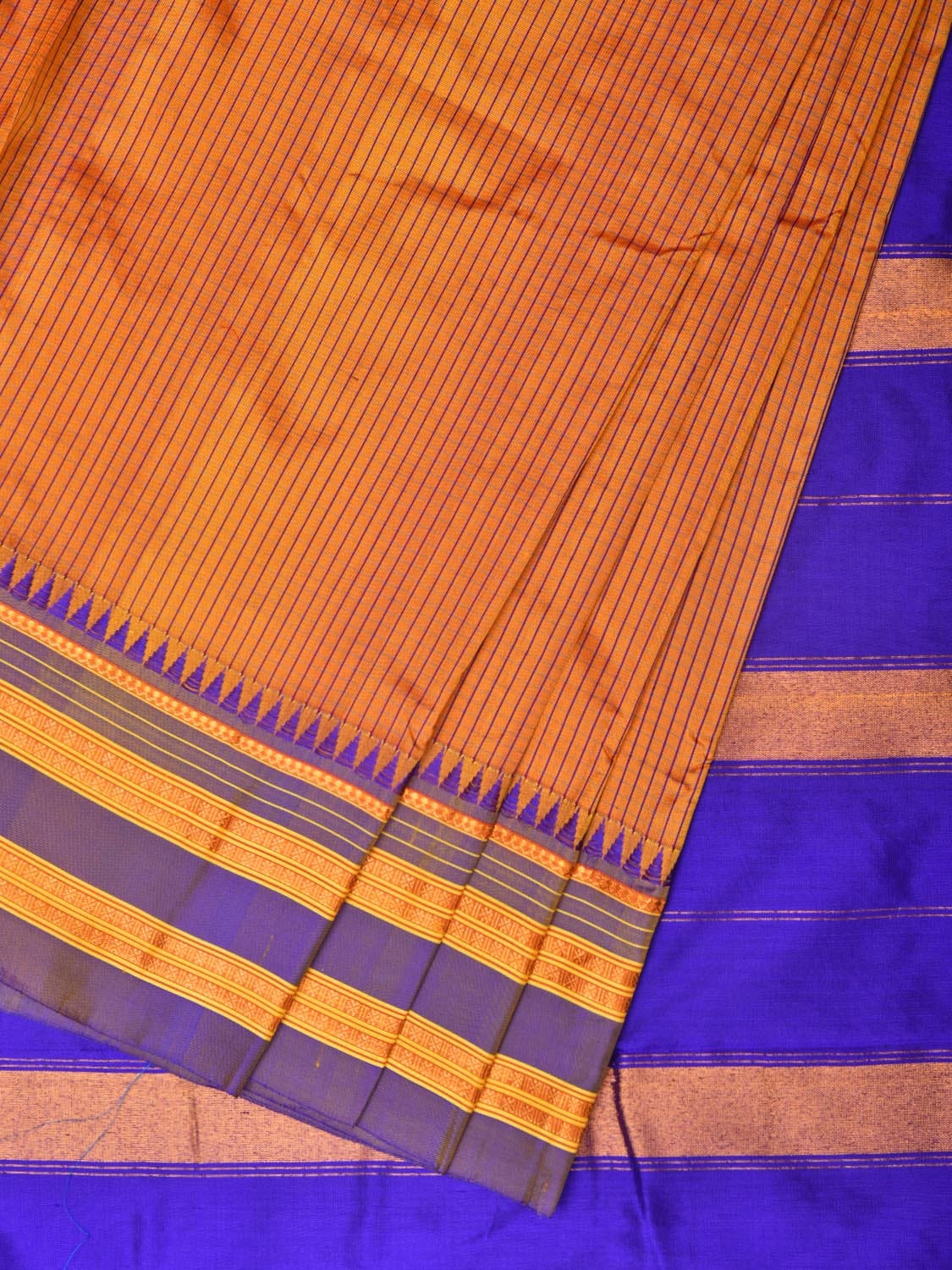 Orange and Blue Narayanpet Silk Handloom Saree with Checks Design No Blouse - Global Threads | Grocsy