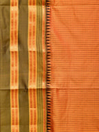 Orange and Brown Narayanpet Silk Handloom Saree with Checks Design No Blouse - Global Threads | Grocsy