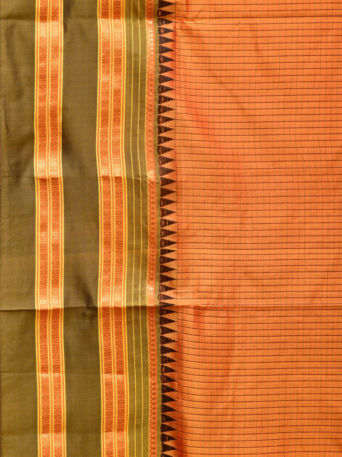 Orange and Brown Narayanpet Silk Handloom Saree with Checks Design No Blouse - Global Threads | Grocsy