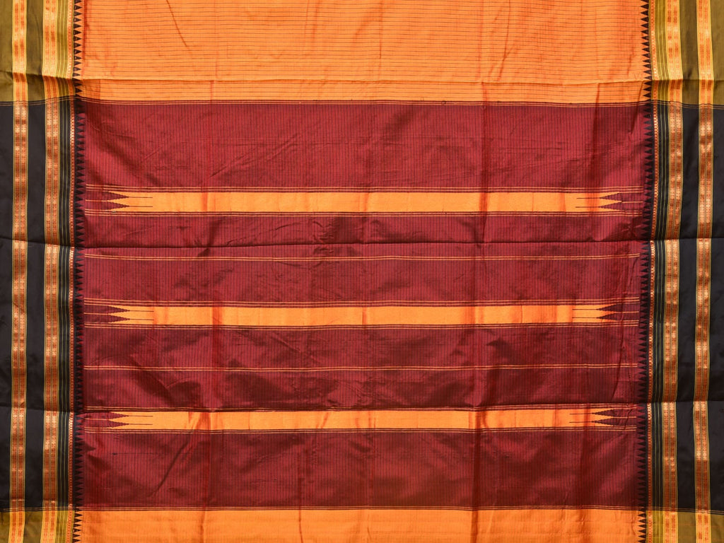 Orange and Brown Narayanpet Silk Handloom Saree with Checks Design No Blouse - Global Threads | Grocsy