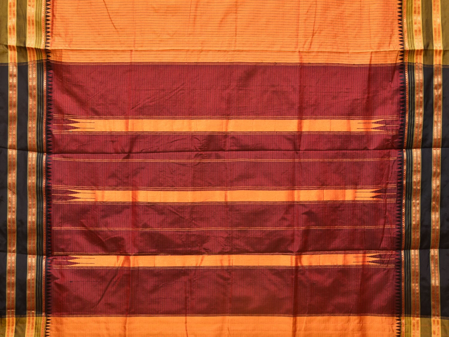 Orange and Brown Narayanpet Silk Handloom Saree with Checks Design No Blouse - Global Threads | Grocsy