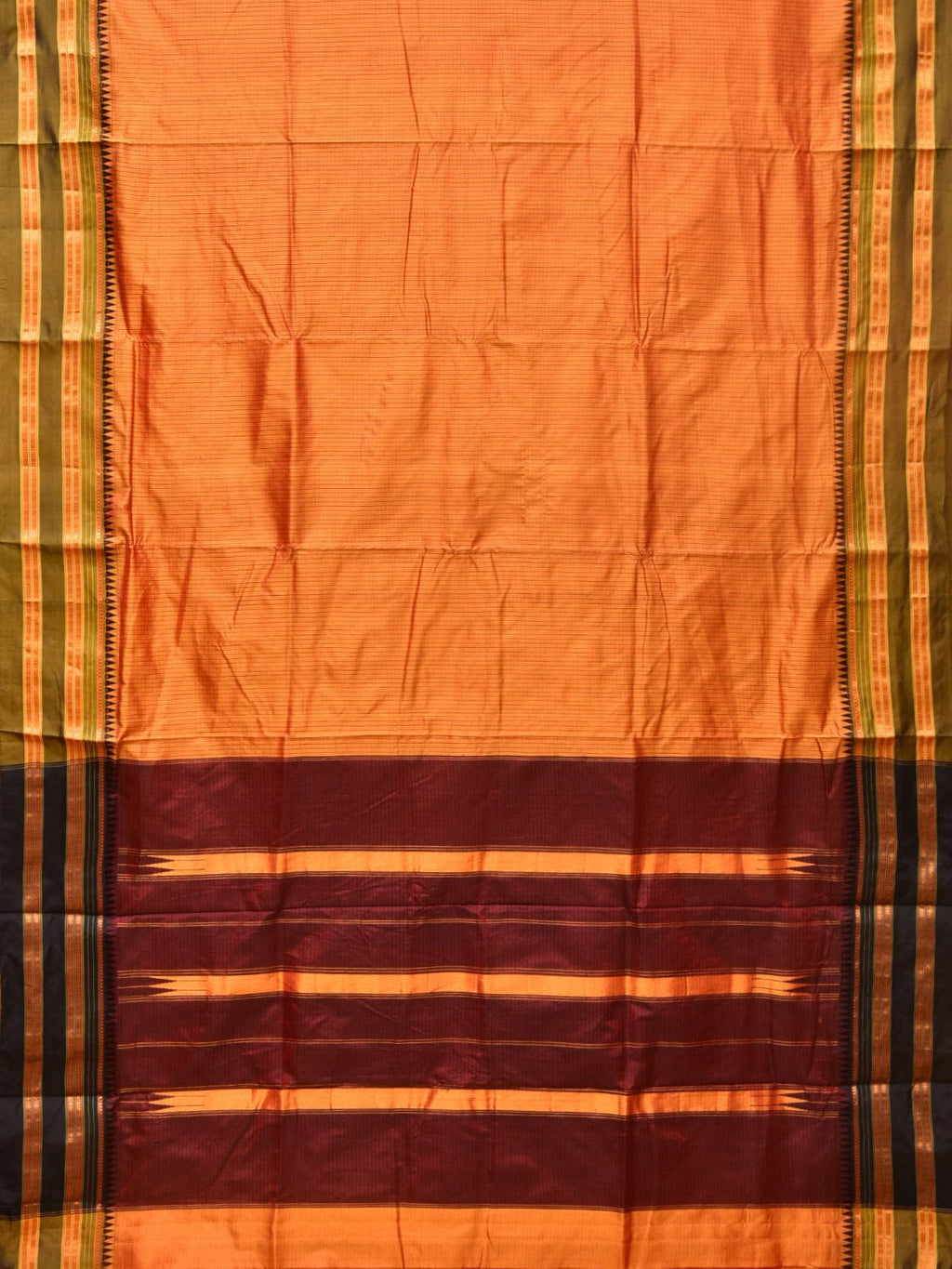 Orange and Brown Narayanpet Silk Handloom Saree with Checks Design No Blouse - Global Threads | Grocsy