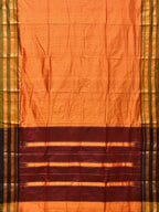 Orange and Brown Narayanpet Silk Handloom Saree with Checks Design No Blouse - Global Threads | Grocsy
