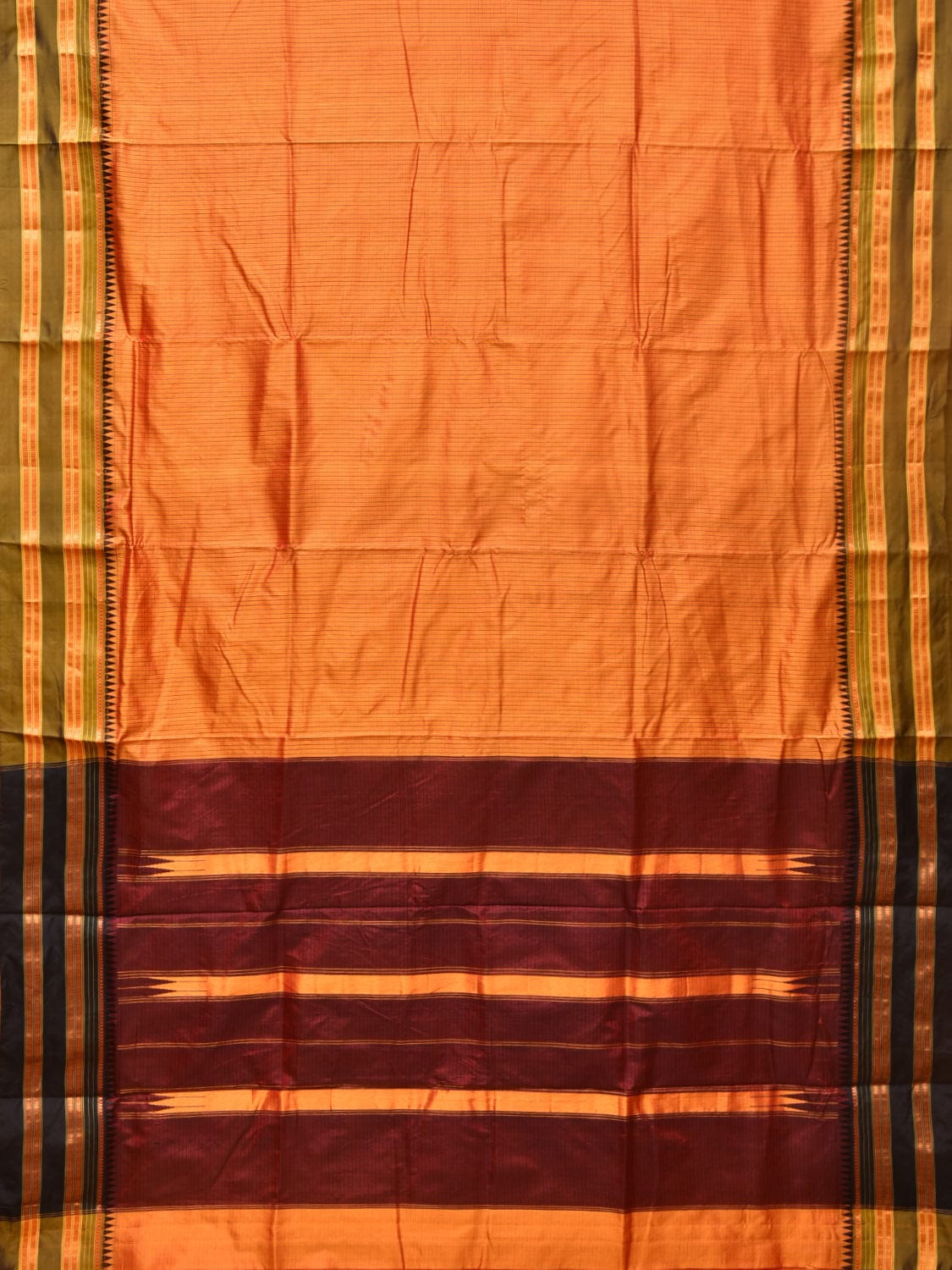Orange and Brown Narayanpet Silk Handloom Saree with Checks Design No Blouse - Global Threads | Grocsy