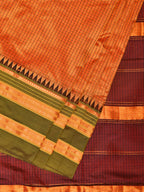 Orange and Brown Narayanpet Silk Handloom Saree with Checks Design No Blouse - Global Threads | Grocsy