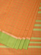 Orange and Light Green Bamboo Cotton Saree with Big Checks Design No Blouse - Global Threads | Grocsy