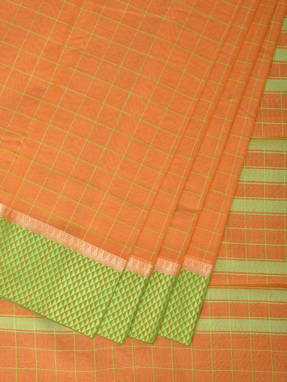 Orange and Light Green Bamboo Cotton Saree with Big Checks Design No Blouse - Global Threads | Grocsy