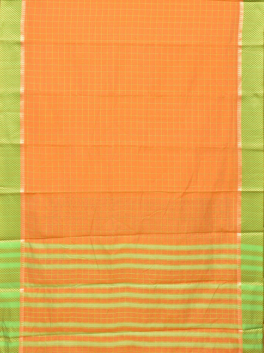 Orange and Light Green Bamboo Cotton Saree with Big Checks Design No Blouse - Global Threads | Grocsy