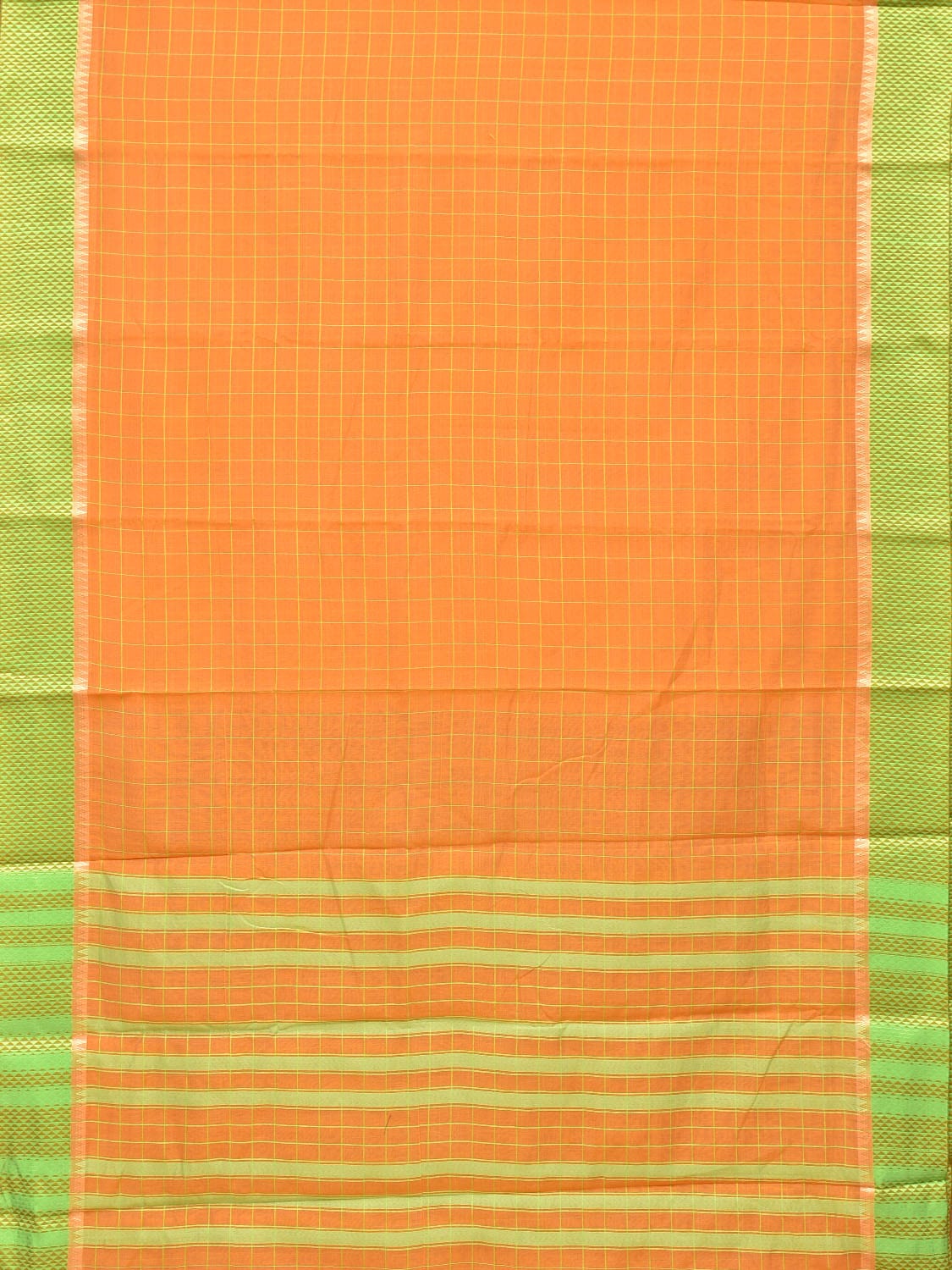 Orange and Light Green Bamboo Cotton Saree with Big Checks Design No Blouse - Global Threads | Grocsy