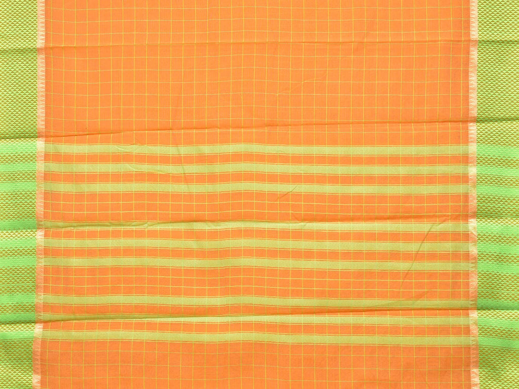 Orange and Light Green Bamboo Cotton Saree with Big Checks Design No Blouse - Global Threads | Grocsy