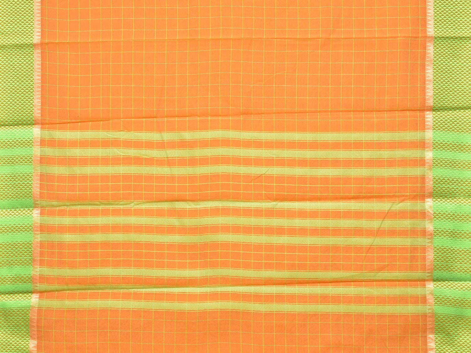 Orange and Light Green Bamboo Cotton Saree with Big Checks Design No Blouse - Global Threads | Grocsy
