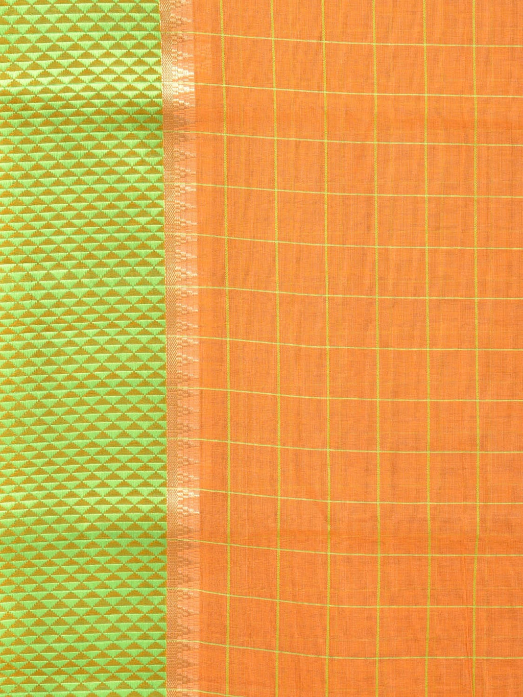 Orange and Light Green Bamboo Cotton Saree with Big Checks Design No Blouse - Global Threads | Grocsy
