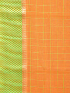 Orange and Light Green Bamboo Cotton Saree with Big Checks Design No Blouse - Global Threads | Grocsy