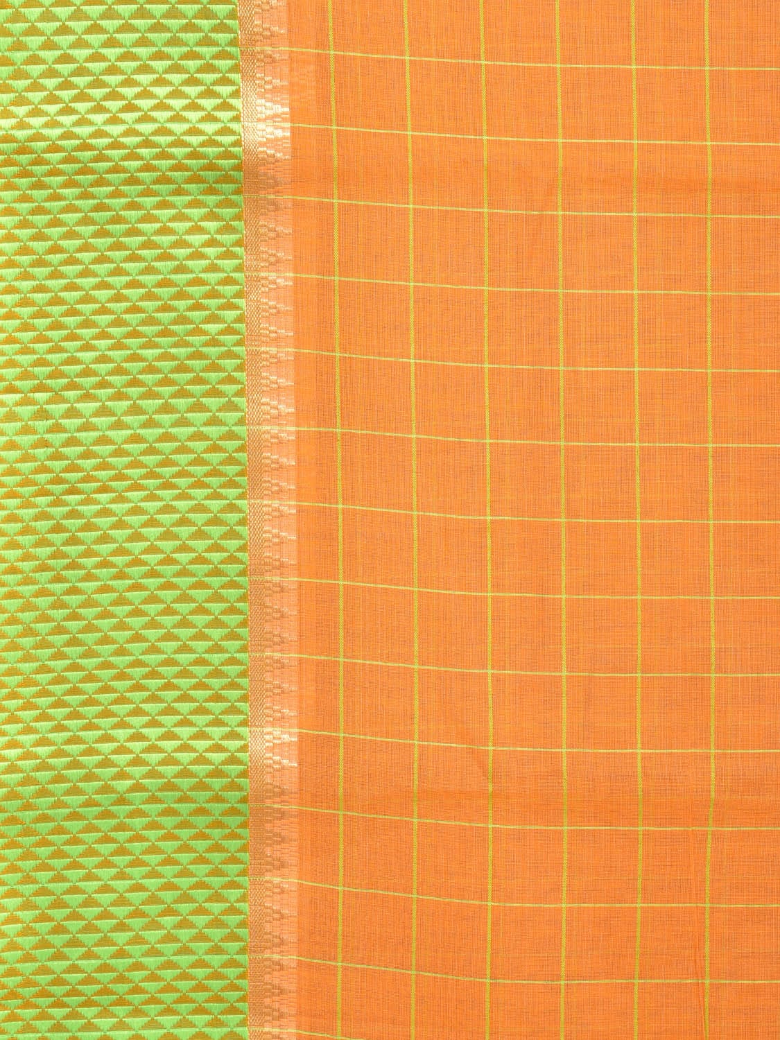 Orange and Light Green Bamboo Cotton Saree with Big Checks Design No Blouse - Global Threads | Grocsy