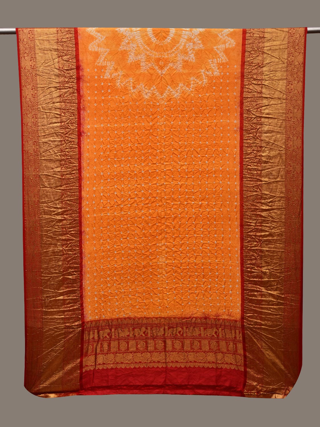 Orange and Red Bandhani Kanchipuram Silk Handloom Dupatta with Border and Chakra Design - Global Threads | Grocsy
