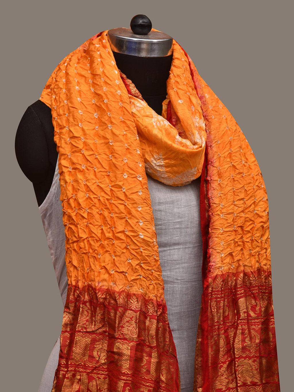 Orange and Red Bandhani Kanchipuram Silk Handloom Dupatta with Border and Chakra Design - Global Threads | Grocsy