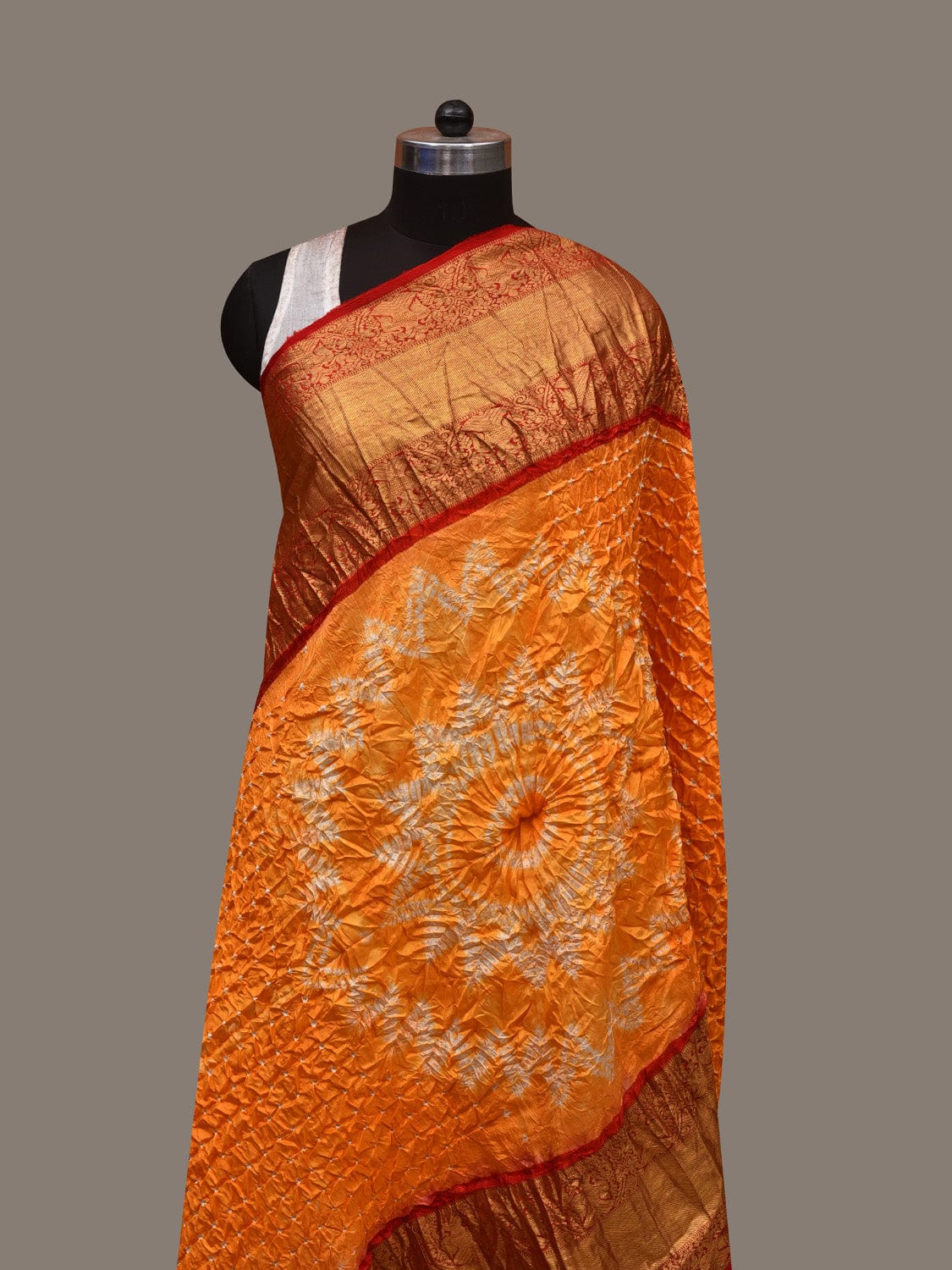Orange and Red Bandhani Kanchipuram Silk Handloom Dupatta with Border and Chakra Design - Global Threads | Grocsy