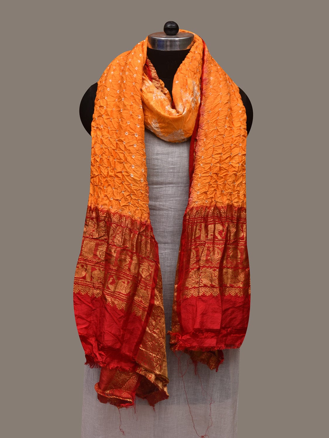 Orange and Red Bandhani Kanchipuram Silk Handloom Dupatta with Border and Chakra Design - Global Threads | Grocsy