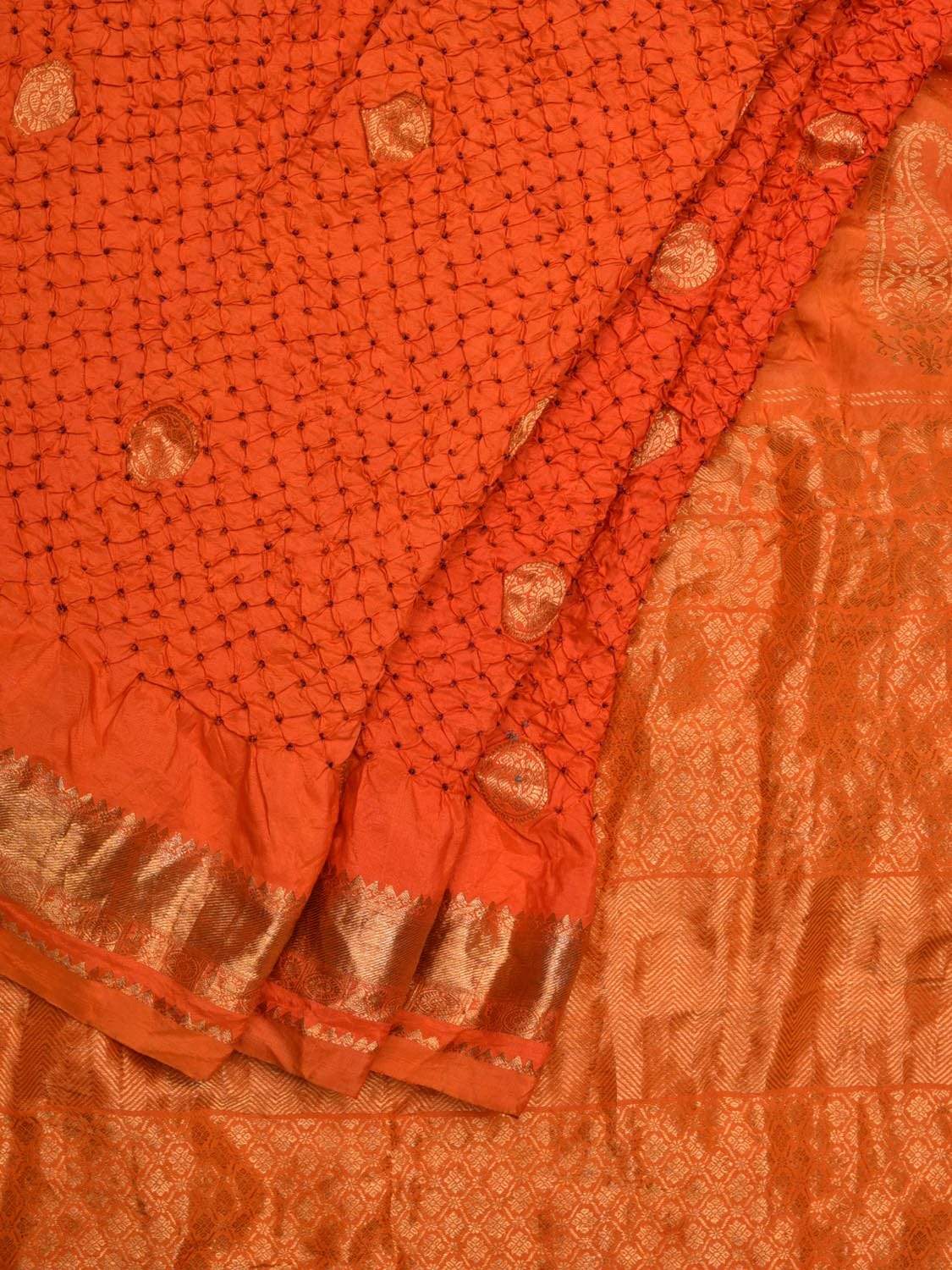 Orange Bandhani Kanchipuram Silk Handloom Saree with Small Buta Design - Global Threads | Grocsy