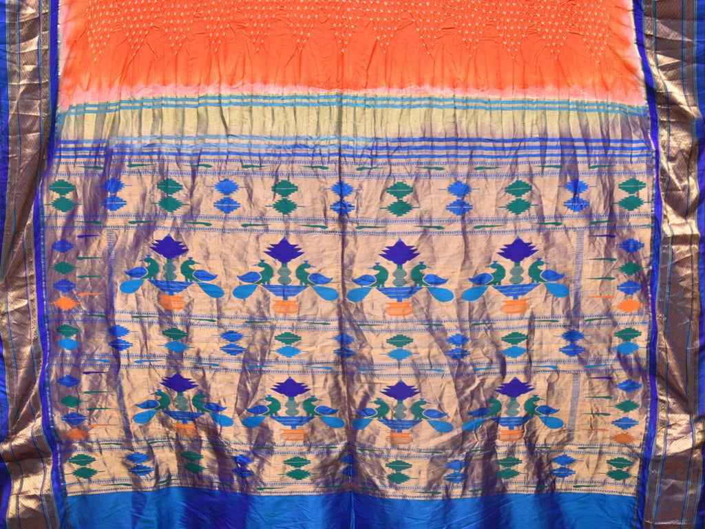 Orange Bandhani Paithani Silk Handloom Saree with Peacocks Pallu Design - Global Threads | Grocsy