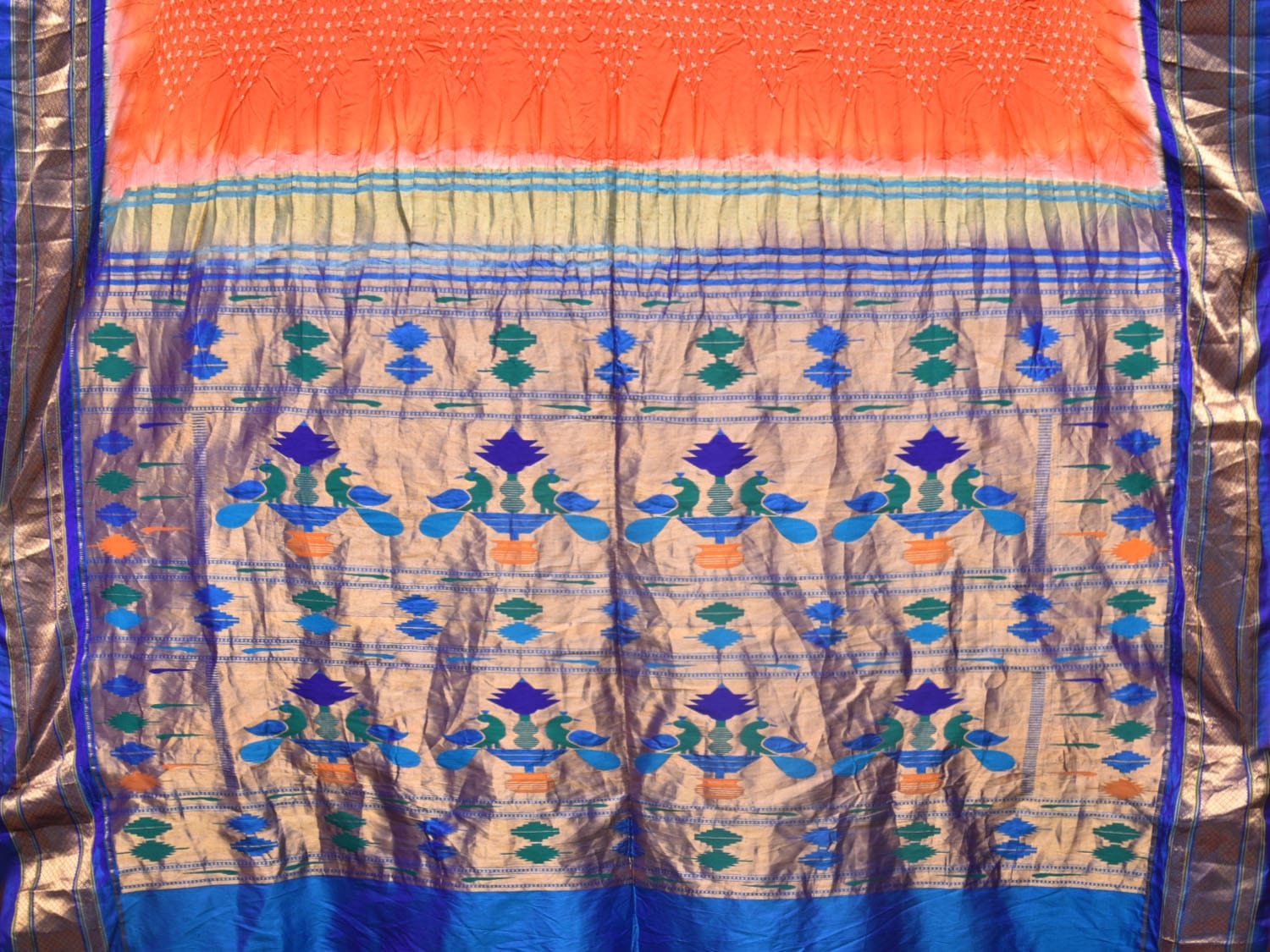 Orange Bandhani Paithani Silk Handloom Saree with Peacocks Pallu Design - Global Threads | Grocsy