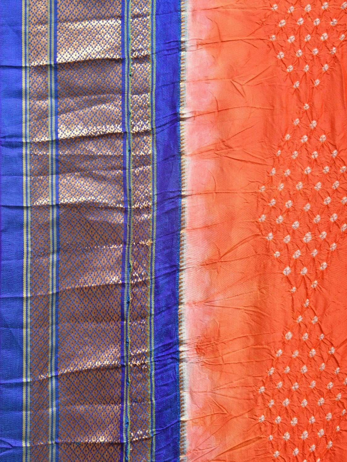 Orange Bandhani Paithani Silk Handloom Saree with Peacocks Pallu Design - Global Threads | Grocsy