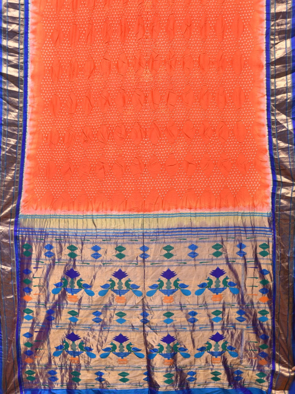 Orange Bandhani Paithani Silk Handloom Saree with Peacocks Pallu Design - Global Threads | Grocsy