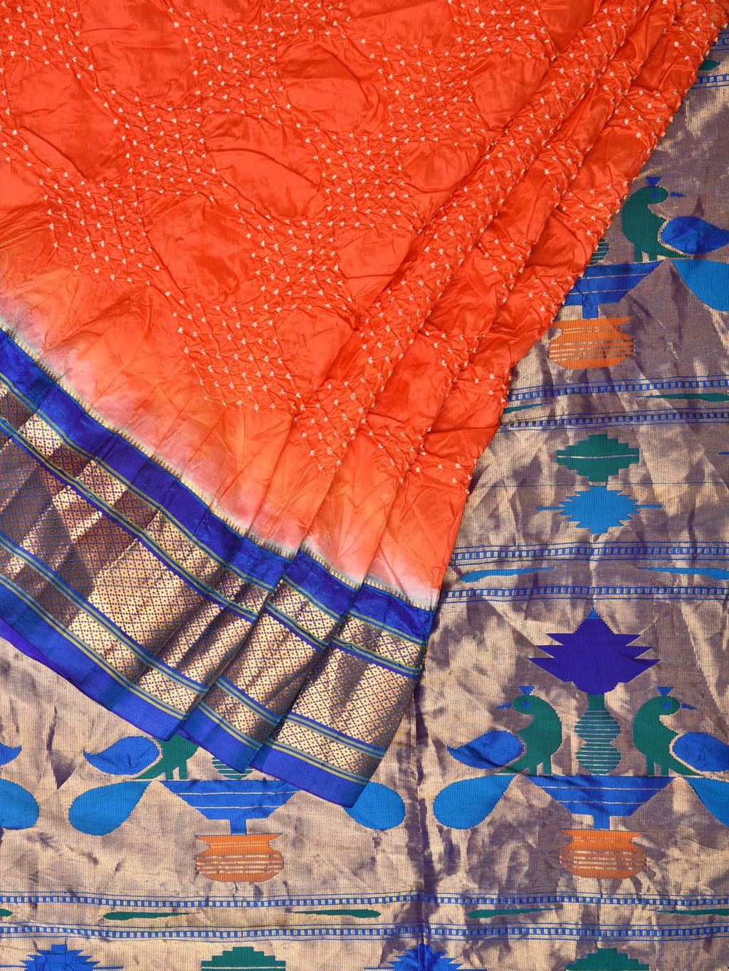Orange Bandhani Paithani Silk Handloom Saree with Peacocks Pallu Design - Global Threads | Grocsy