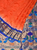 Orange Bandhani Paithani Silk Handloom Saree with Peacocks Pallu Design - Global Threads | Grocsy
