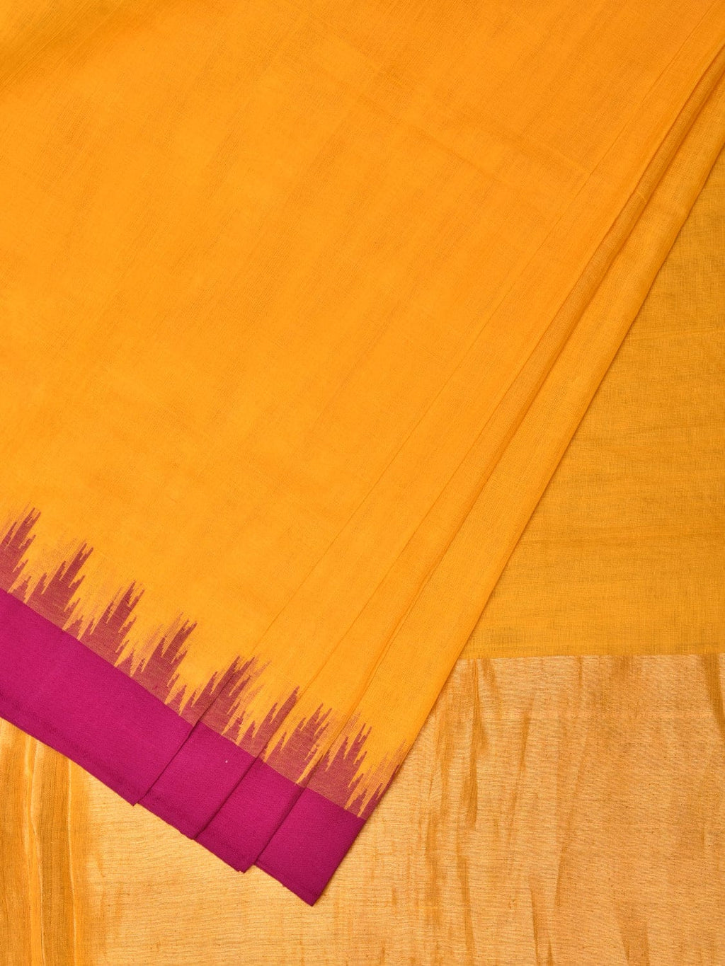 Orange Green Khadi Cotton Handloom Plain Saree with Temple Border Design - Global Threads | Grocsy