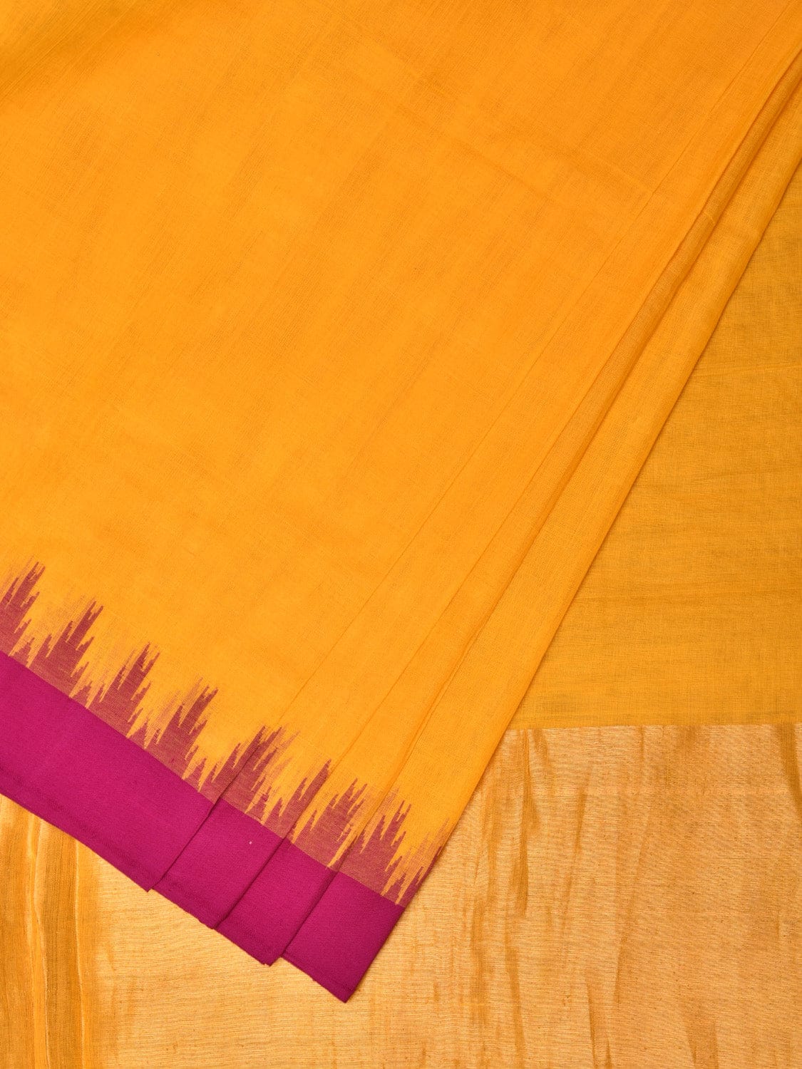 Orange Green Khadi Cotton Handloom Plain Saree with Temple Border Design - Global Threads | Grocsy
