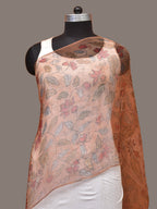 Orange Kalamkari Hand Painted Organza Stole with Floral Design - Global Threads | Grocsy