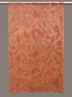 Orange Kalamkari Hand Painted Organza Stole with Floral Design - Global Threads | Grocsy