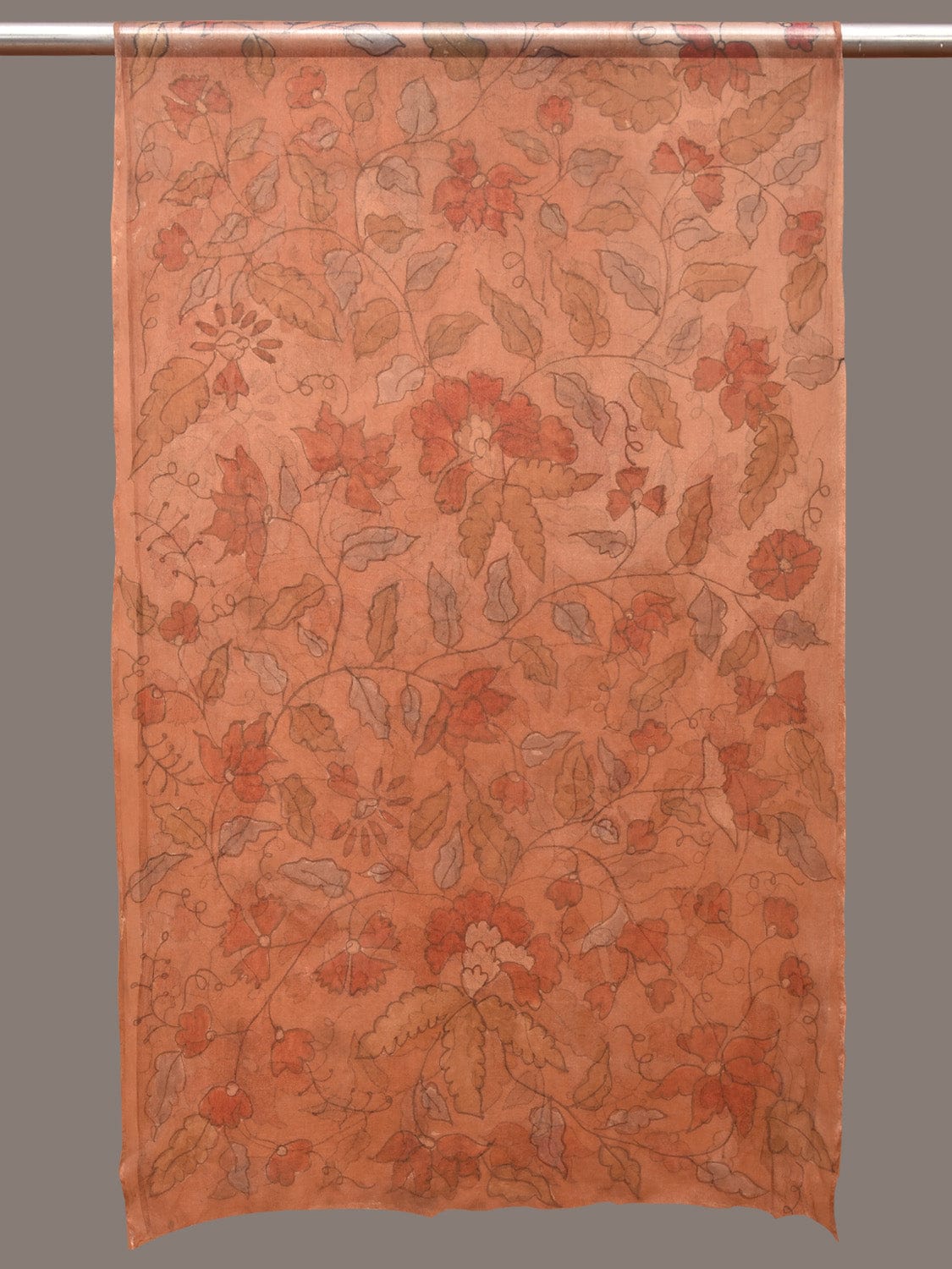 Orange Kalamkari Hand Painted Organza Stole with Floral Design - Global Threads | Grocsy